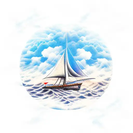 sail boat in waves, clouds, birds, sun, oars tattoo design idea