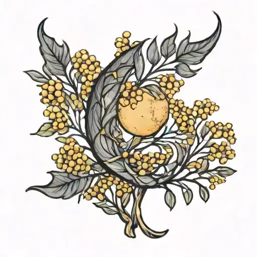 Crescent Moon Simple Black Line with Australian Golden Wattle in colour wrapped around tattoo design idea