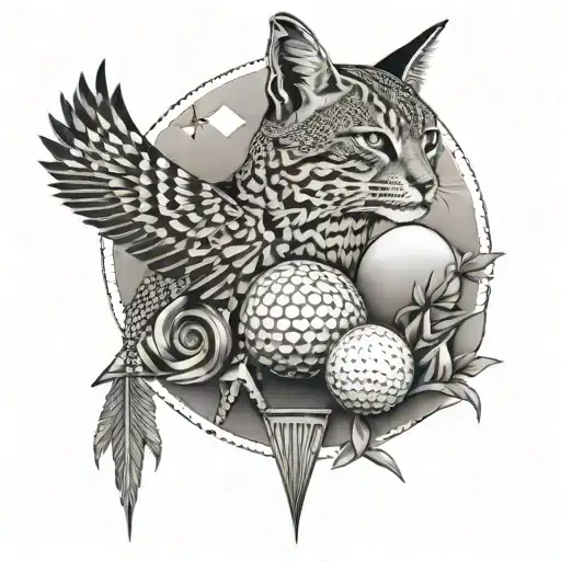 A geometric design featuring a golf ball, bobcat, windmill, and hummingbird all connected in a unique pattern tattoo design idea