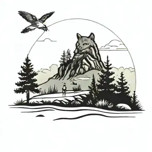 A golf course landscape with a hidden bobcat and hummingbird among the trees tattoo design idea