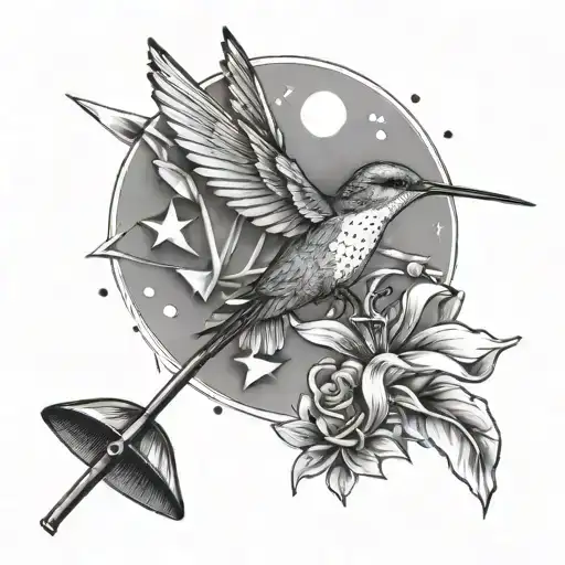 A unique design combining a golf flag, a hummingbird, and a windmill tattoo design idea