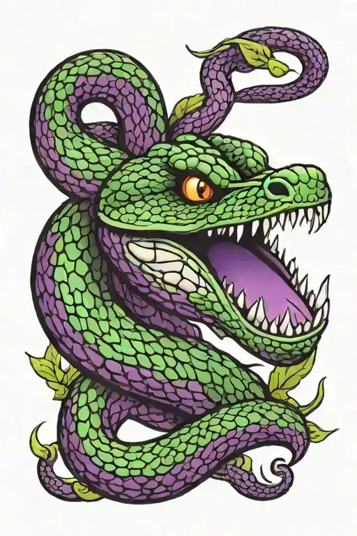black and purple snake with mouth open green fangs  tattoo design idea