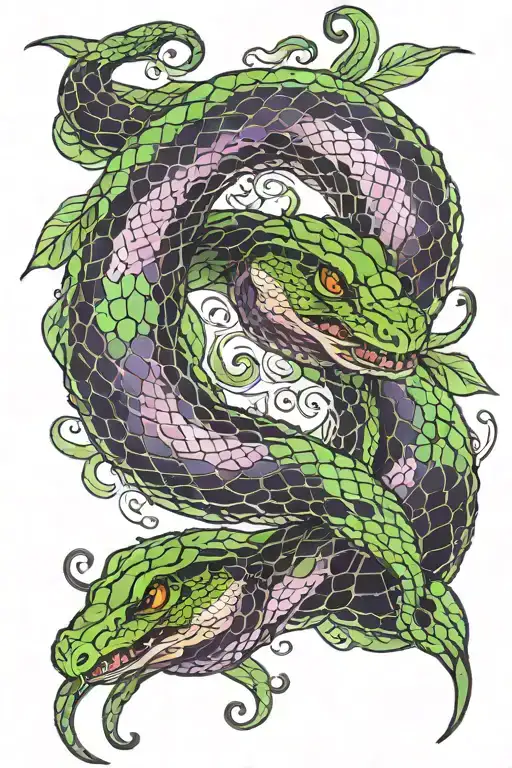 2 headed black and purple snake with green scales wrapped  tattoo design idea