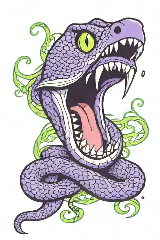 black and purple snake with mouth open green fangs  tattoo design idea