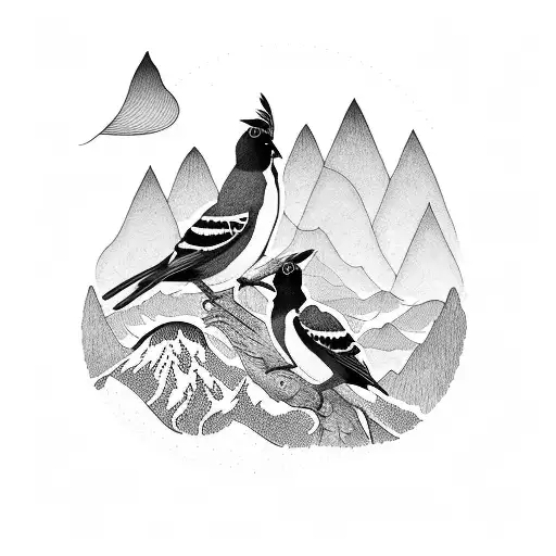 2 magpies with mountains tattoo design idea