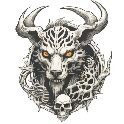 tattoo of creature with different skeleton animal parts and wolfs skeleton head in full size standing tattoo design idea