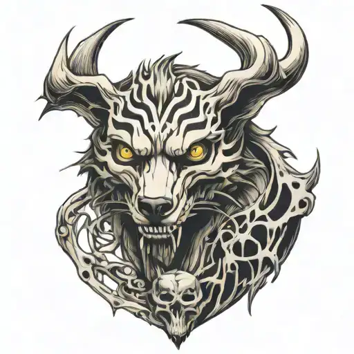 tattoo of creature with different skeleton animal parts and wolfs skeleton head in full size standing tattoo design idea