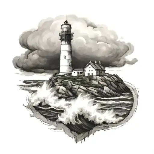 A black-grey tattoo of a lighthouse on a rocky cliff overlooking a stormy sea, representing the guiding light in psychology tattoo design idea