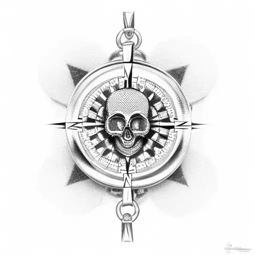 skull candy, compass, cross and chain, ribbon with dates tattoo design idea
