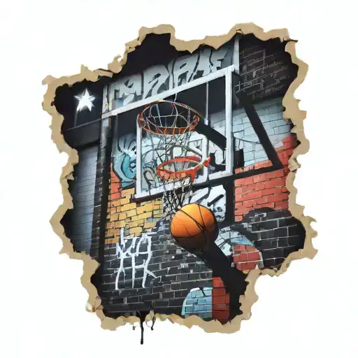 basketball hoop in front of brick wall covered in graffiti  tattoo design idea