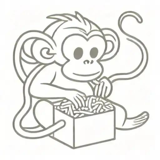Monkey sitting, cartoon style like a child drawing, eating fries in a box like  a mcdonalds box tattoo design idea