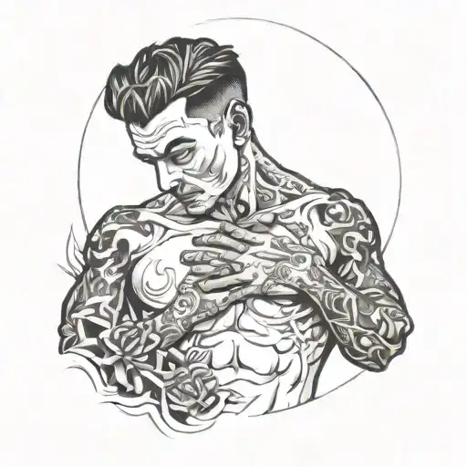 man clutching at hole in his chest   tattoo design idea