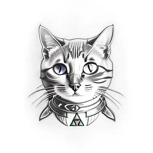 A cat wearing a Zelda-themed collar surrounded by pansy flowers tattoo design idea