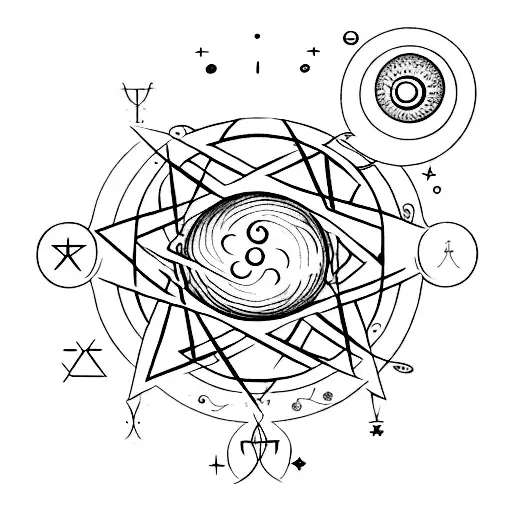Alchemy symbols intertwined with celestial bodies tattoo design idea