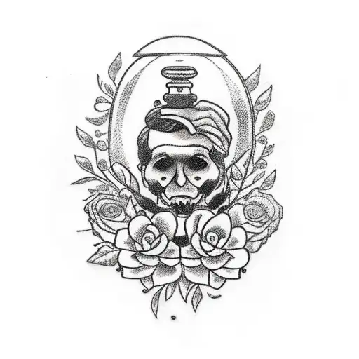 A fatherly figure holding an hourglass with a brain inside, symbolizing the passing of time and wisdom, surrounded by a wreath of intricate flowers tattoo design idea