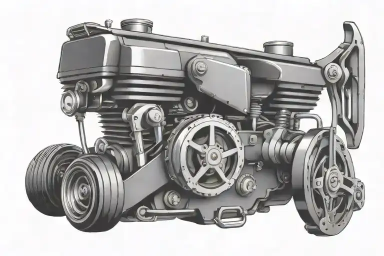 Combine elements of a high-performance car engine with cowboy tools like lassos and spurs in a geometric and minimalist design tattoo design idea