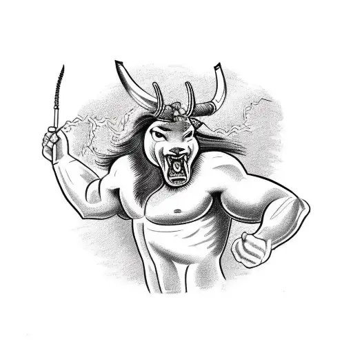 A Greek minotaur riding a motorcycle with lightning bolts and flames surrounding it tattoo design idea