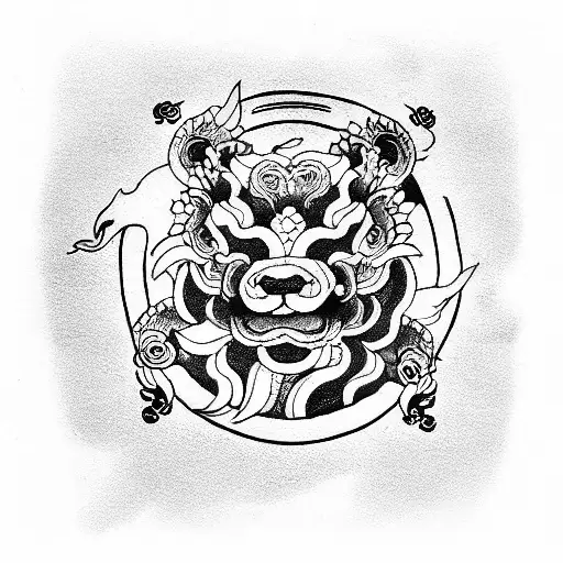foo dog, red, blue, yellow, black tattoo design idea