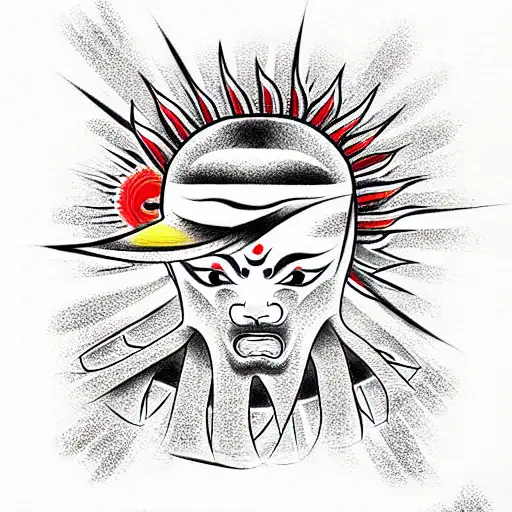 samurai, black, red, yellow, blue, sun tattoo design idea