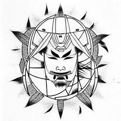 samurai, black, red, yellow, blue, sun tattoo design idea