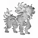 foo dog, red, blue, yellow, black tattoo design idea