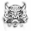 foo dog, red, blue, yellow, black tattoo design idea