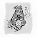 foo dog, red, blue, yellow, black tattoo design idea