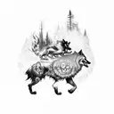 A ghost rider riding a wolf through a fiery forest tattoo design idea