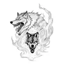 A ghost rider riding a wolf through a fiery forest tattoo design idea