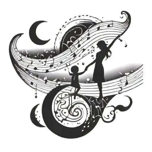 Incorporate a music note with a silhouette of a mother and child holding hands under the moon tattoo design idea