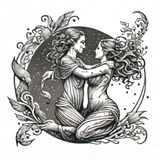 A celestial scene of a mother and child dancing under the stars and moon tattoo design idea