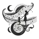 Incorporate a music note with a silhouette of a mother and child holding hands under the moon tattoo design idea