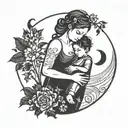 Incorporate a music note with a silhouette of a mother and child holding hands under the moon tattoo design idea