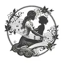 Incorporate a music note with a silhouette of a mother and child holding hands under the moon tattoo design idea