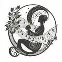 Incorporate a music note with a silhouette of a mother and child holding hands under the moon tattoo design idea