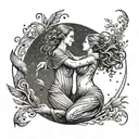 A celestial scene of a mother and child dancing under the stars and moon tattoo design idea