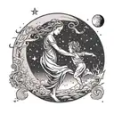 A celestial scene of a mother and child dancing under the stars and moon tattoo design idea