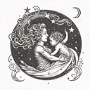 A celestial scene of a mother and child dancing under the stars and moon tattoo design idea