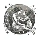 A celestial scene of a mother and child dancing under the stars and moon tattoo design idea