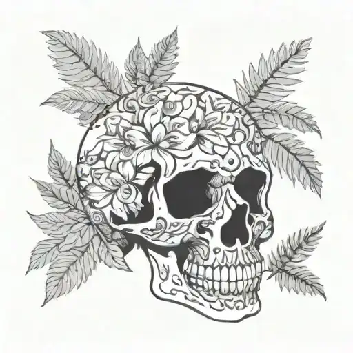 A detailed blackwork tattoo of a skull surrounded by forest plants, symbolizing your love for hiking in the woods tattoo design idea