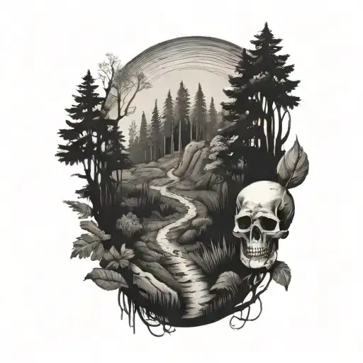 A black-grey tattoo of a mysterious forest trail leading to a hidden skull, reflecting your interest in hiking through the woods tattoo design idea