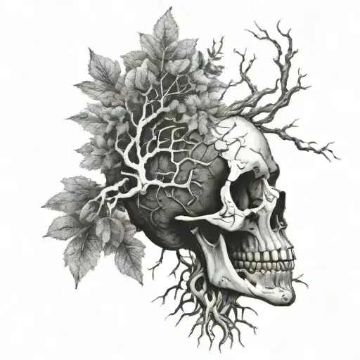 A dotwork tattoo of a tree with intricate roots forming the shape of a skull, representing your passion for forestry and nature tattoo design idea