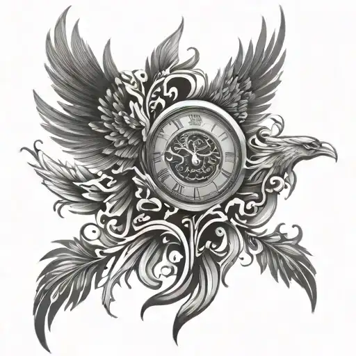  phoenix rising  flames,  overcoming adversity and regrets in life, subtle clock in the background to passage of time tattoo design idea