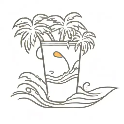 A Chupa Chups drink can transforming into a wave crashing against a palm tree tattoo design idea