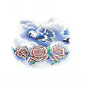 half sleeve tattoo. doves in clouds with four stars and an old detailed clock with roses on the side tattoo design idea