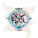 half sleeve tattoo. doves in clouds with four stars and an old detailed clock with roses on the side tattoo design idea