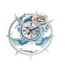 half sleeve tattoo. doves in clouds with four stars and an old detailed clock with roses on the side tattoo design idea