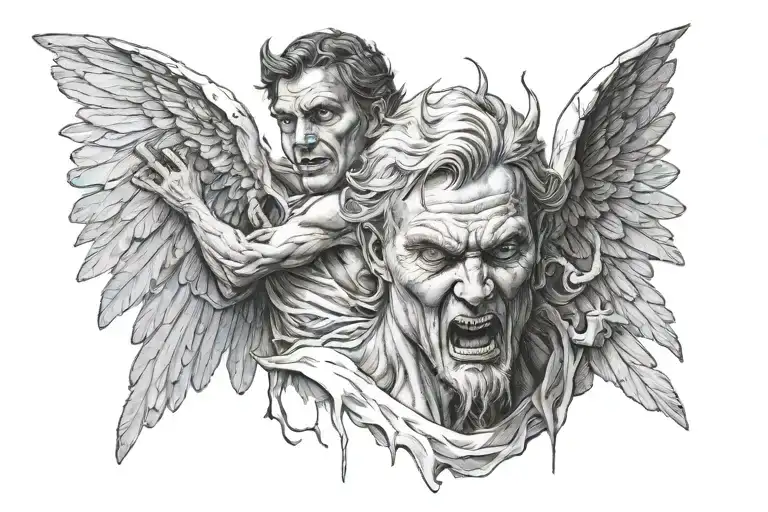 angel cuts off the devil's head tattoo design idea