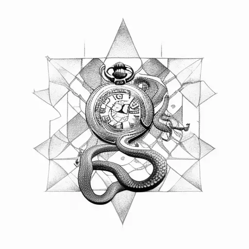 Arrow through a snake biting a broken pocket watch tattoo design idea