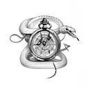 Arrow through a snake biting a broken pocket watch tattoo design idea